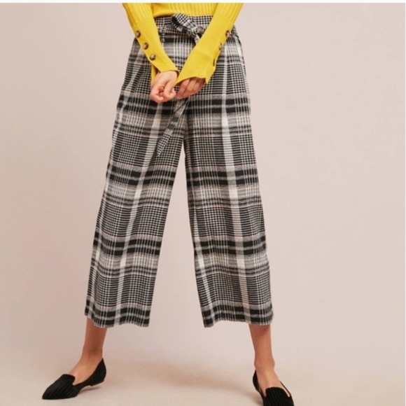 Ett:twa Anthropologie 0 Luca Plaid Wide Leg Crops Crop Pants High Rise Belted - Picture 1 of 11